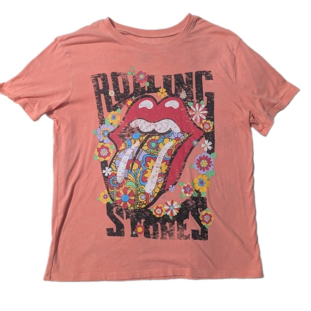 Rolling Stones Womens S 4-6 Floral Psychedelic Tongue Graphic Band Tee Coral